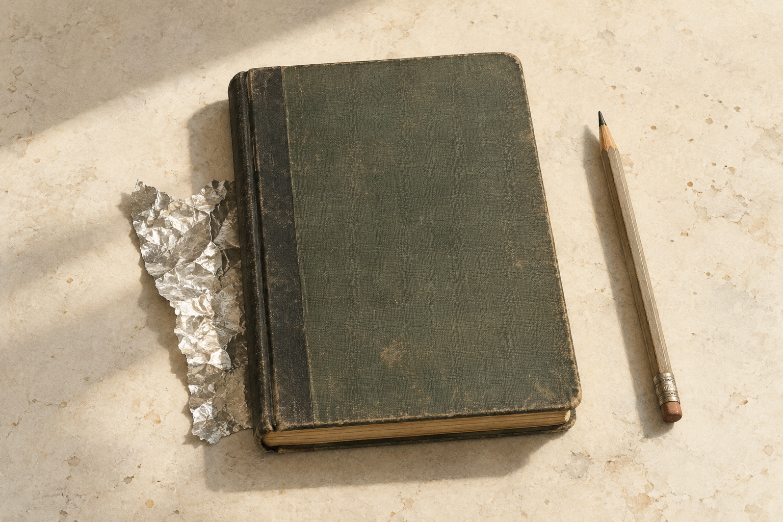 Concept illustration of a closed blank ledger, foil and pencil.