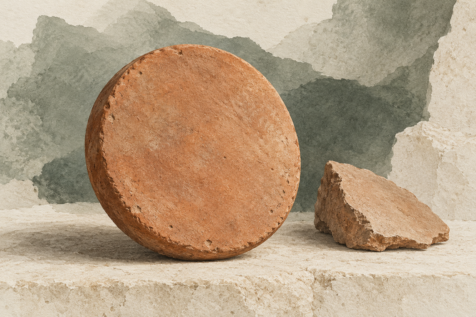 Concept illustration of a plain uninscribed terracotta disc and clay fragment.