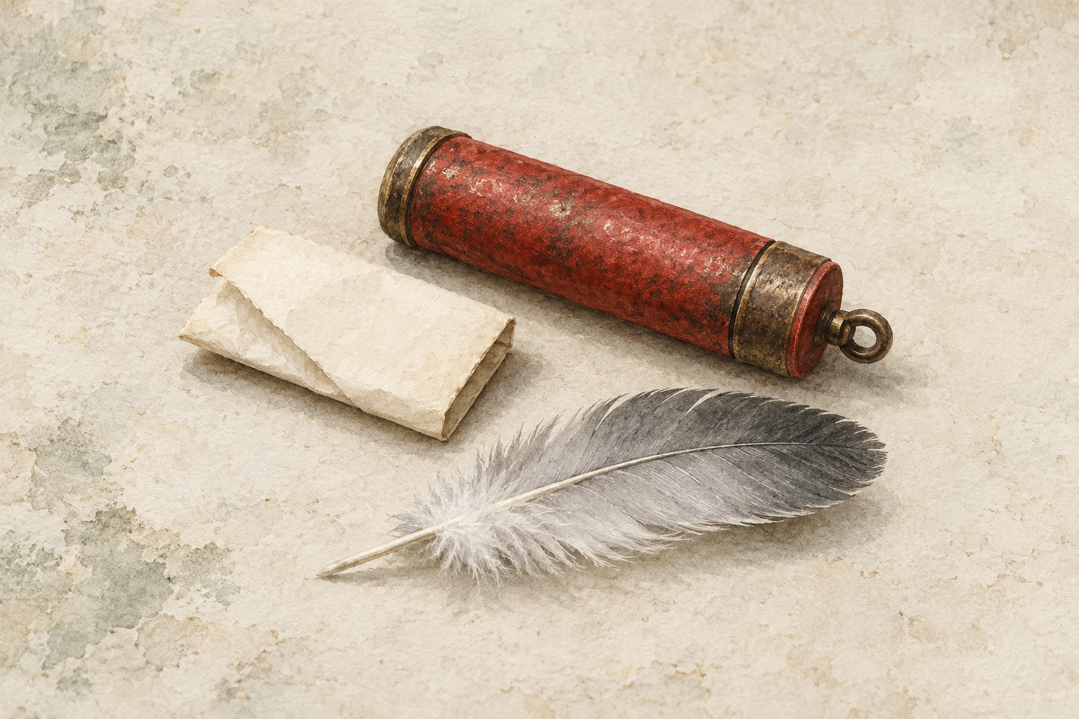 Concept illustration of a blank folded slip, red message capsule and feather.