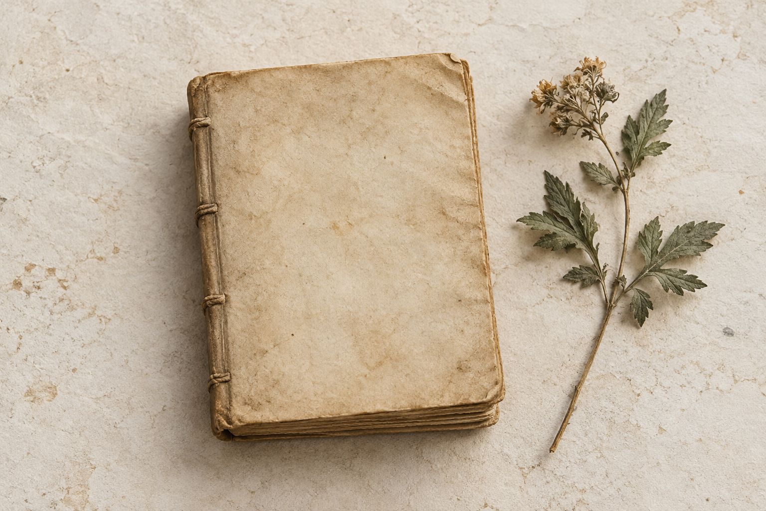 Concept illustration of a closed blank folio beside a botanical sprig.